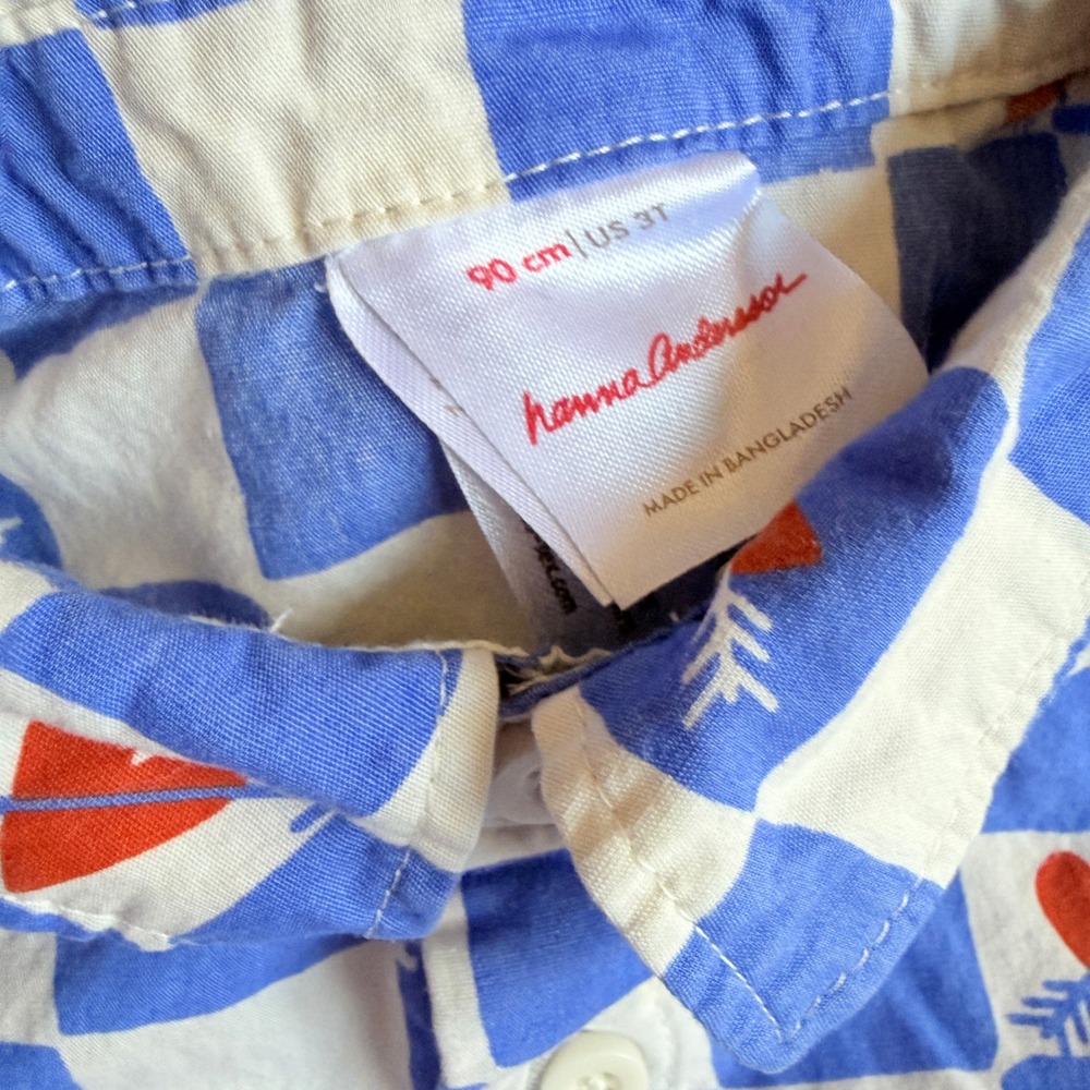 Hanna Andersson Toddler Checkered Heart Coveralls Romper, Blue White Red, 3T - Picture 2 of 9